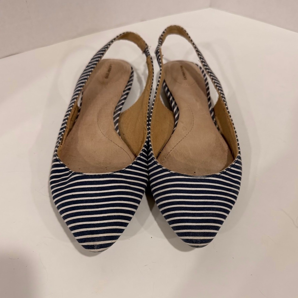 Lands End‎ Navy White Striped Slingback Pointed Toe Flats Shoes 8B 440739